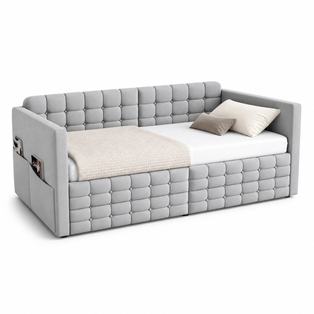 Letto imbottito 90x190 cm in velluto grigio chiaro con cassetti
