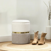 Pouf contenitore con coperchio, design bicolore con anello in metallo, 36 x 36 x 44 cm, crema e bianco