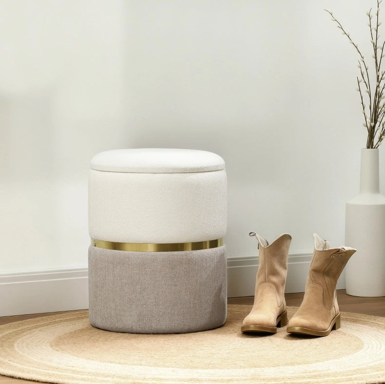 Pouf contenitore con coperchio, design bicolore con anello in metallo, 36 x 36 x 44 cm, crema e bianco