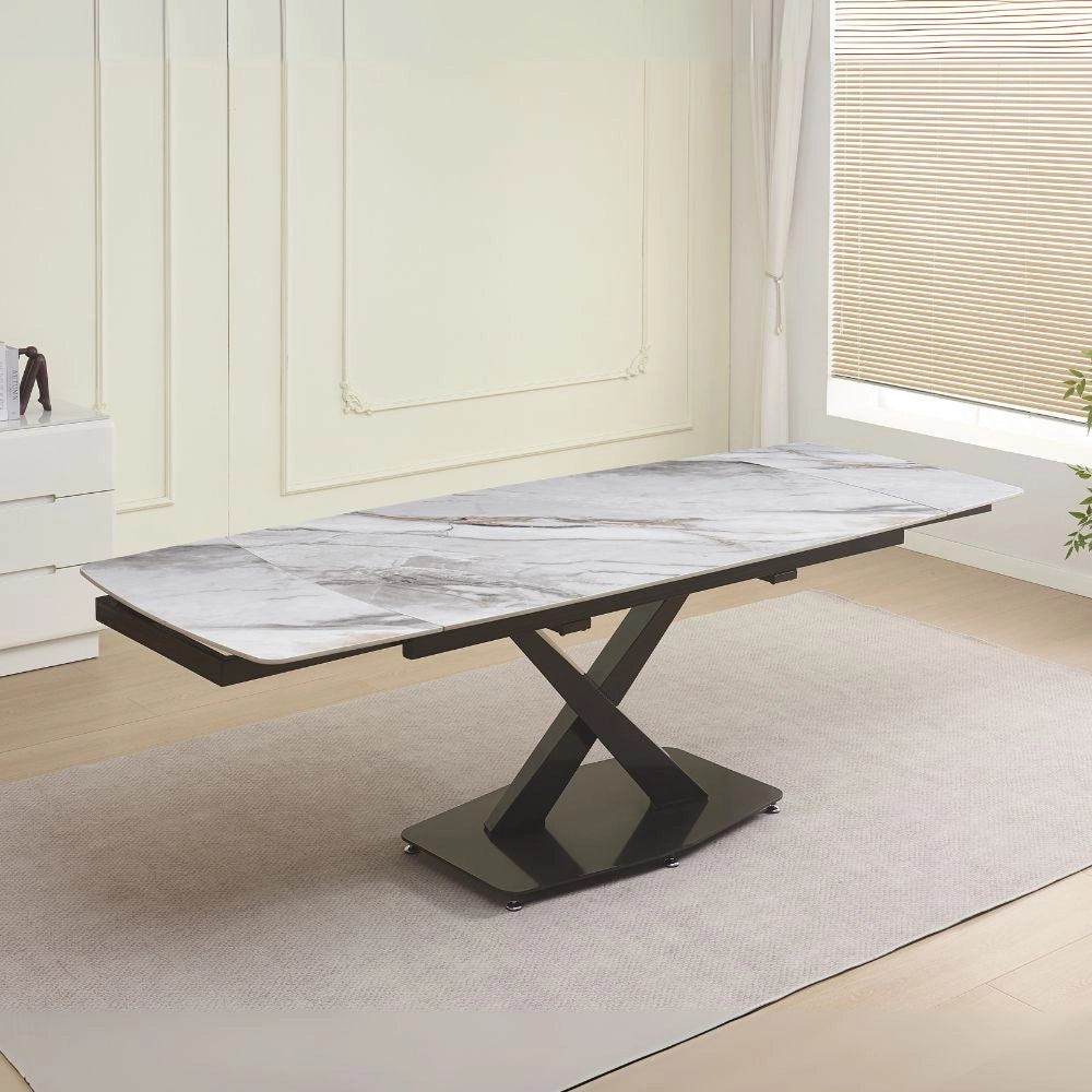 Tavolo allungabile Moritz con piano in ceramica effetto marmo bianco e gambe in titanio lucido 165x90x76H