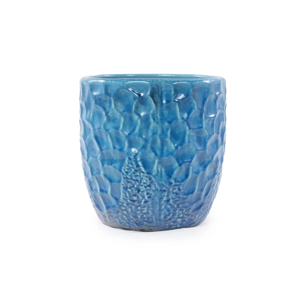 Vaso in ceramica media Ø30 cm blu lucido con rilievo a martellatura e foro di drenaggio, resistente al gelo, per piante da cucina e ornamentali