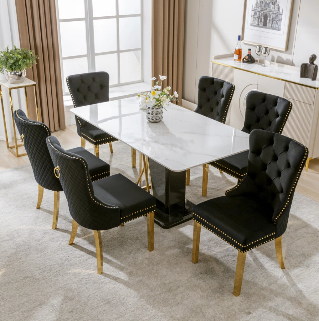 Set di 6 sedie da pranzo in velluto nero con gambe in acciaio inox dorato 50;5x45x95 cm