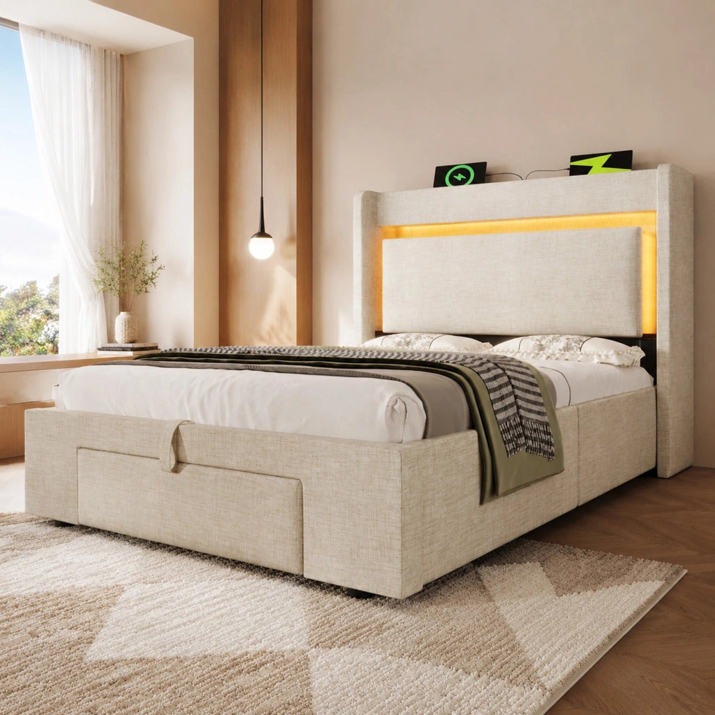 Letto imbottito 90x200 cm con contenitore, LED, USB e USB-C, beige