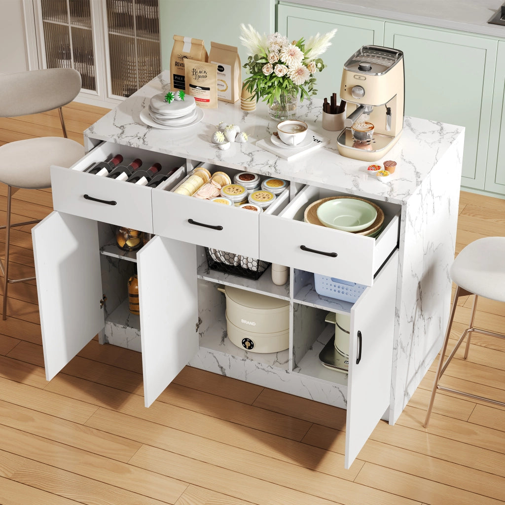 Mobile base da cucina con area bar; 3 cassetti e 3 ante con ripiani regolabili bianco effetto marmo 120 × 60 × 90.5 cm