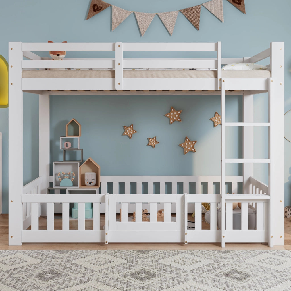 Letto a soppalco 90 × 200 cm con scala ad angolo; barriera e porta in legno bianco spazio libero sottostante