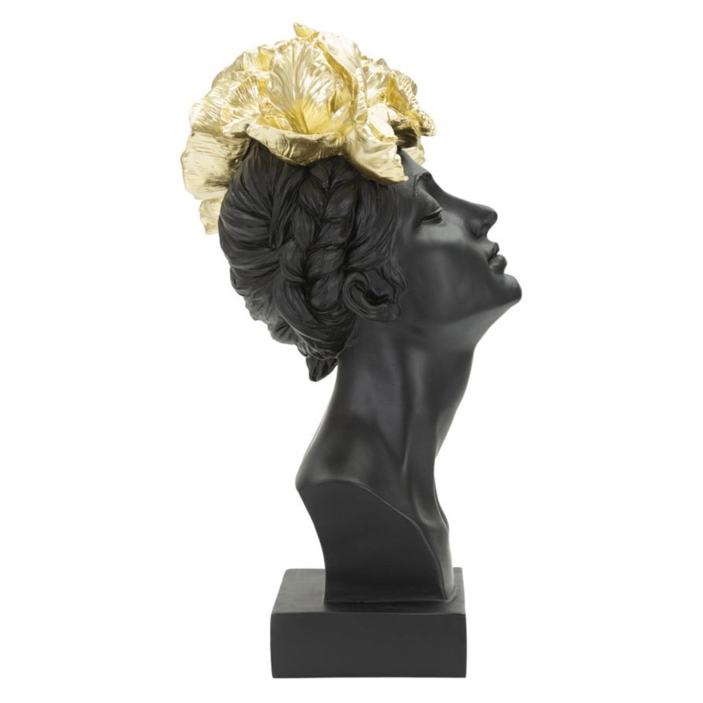 Scultura Donna con farfalle sul capo in resina nera e oro