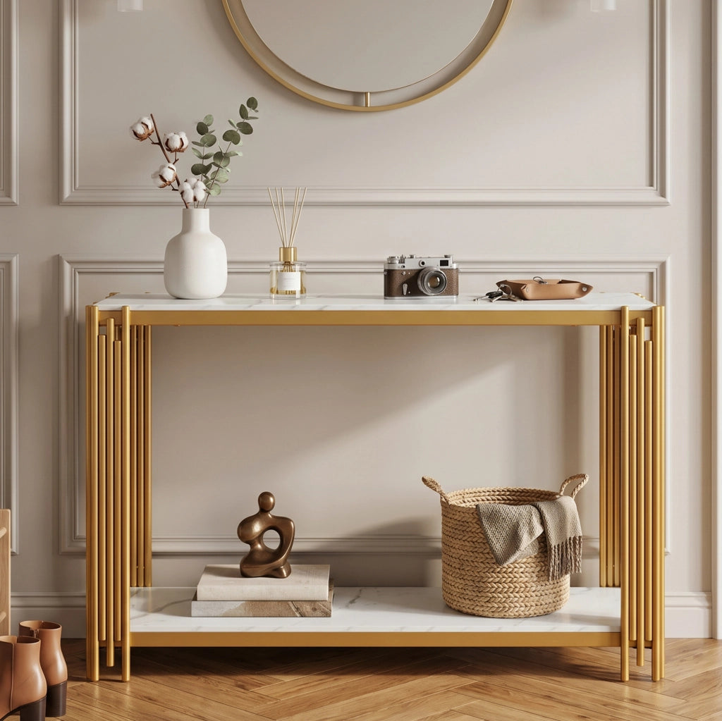 Tavolo consolle 123,5x33,5x80 cm bianco e oro, 2 ripiani, effetto marmo, MDF e metallo