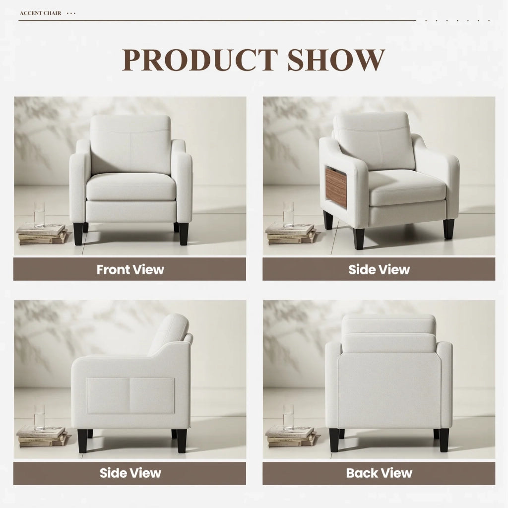 Poltrona moderna in tessuto di lino con tavolino pieghevole e vano portaoggetti laterale, seduta ergonomica con memory foam, versatile stile Mid-Century, facile da spostare