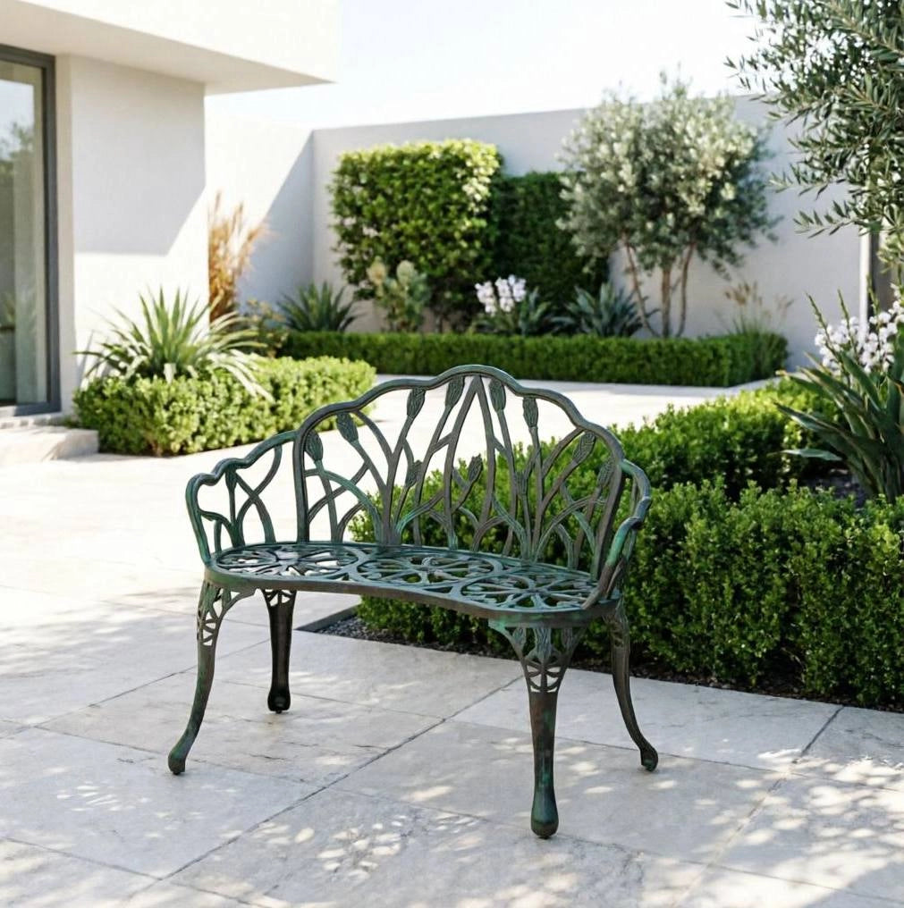 Panca da giardino ULEVR 99x57x78 cm in alluminio pressofuso verde antico, 2 posti con schienale e braccioli