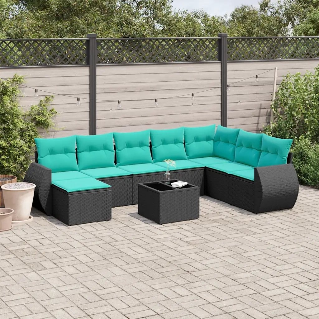 Set Divani da Giardino 9 pz con Cuscini Nero in Polyrattan 3221766