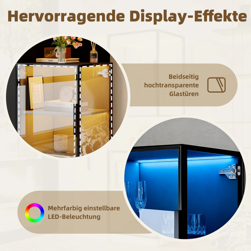 Vetrina nera in MDF e vetro con ripiani estraibili e LED multicolore 70 × 38 × 160 cm