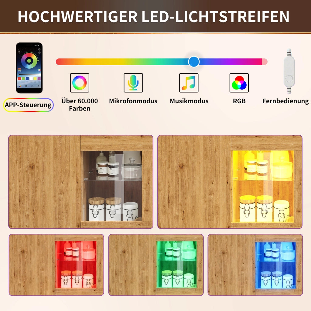 Isola da cucina con tavolo estraibile LED controllabile tramite app e telecomando in MDF colore legno 122-195 cm