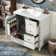 Mobile bagno 81 cm bianco lucido con tre cassetti, anta singola con ripiani e ampio spazio sotto lavabo, lavabo in ceramica incluso