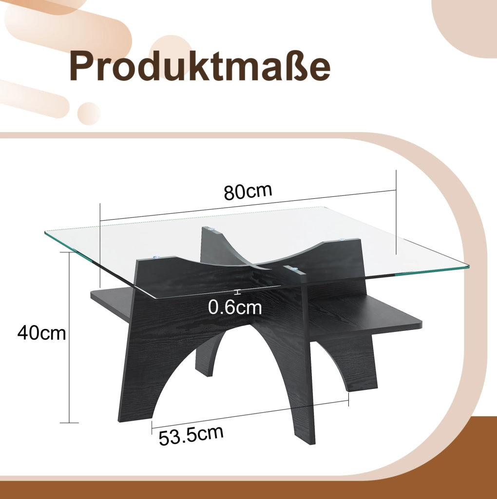 Tavolino quadrato moderno in vetro temperato con struttura in MDF effetto legno nero 80x40 cm