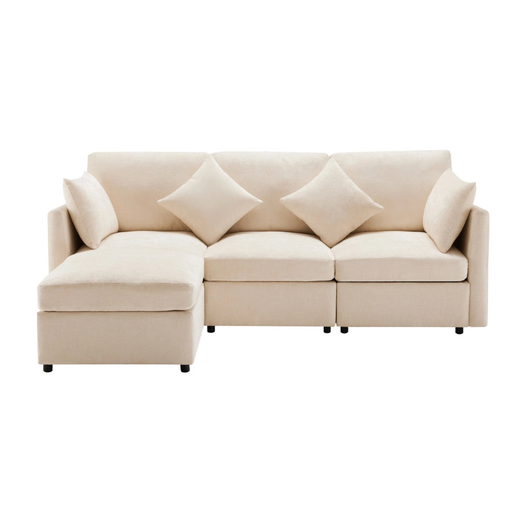 Divano angolare modulare L a 3 posti con pouf mobile e 4 cuscini in tessuto chenille beige, 216x161x81 cm