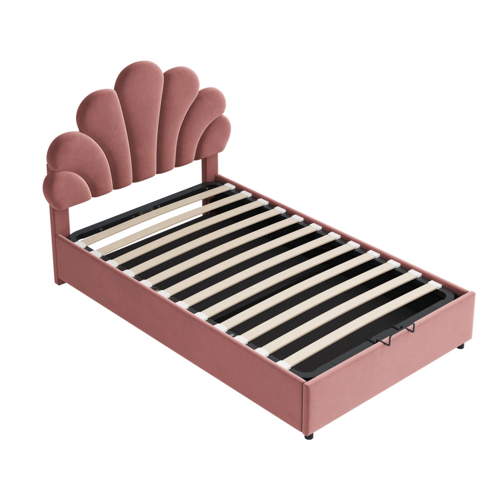 Letto imbottito 90 x 200 cm in velluto rosa con testiera floreale e contenitore