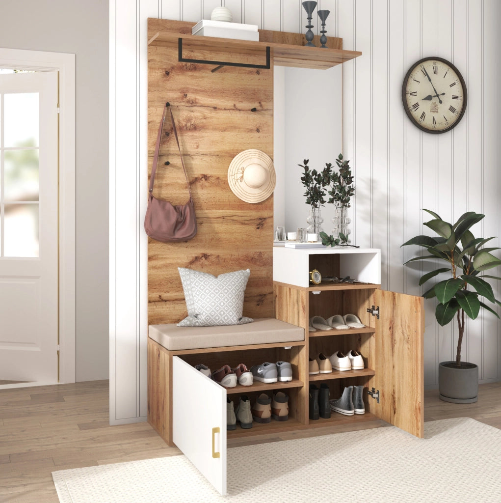 Set guardaroba ingresso bianco e legno con specchio e scarpiera