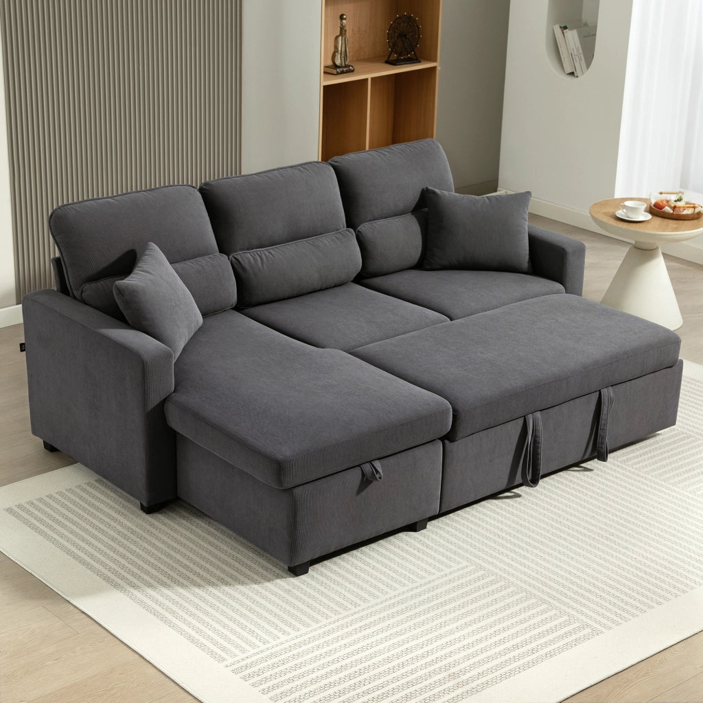 Divano letto angolare in velluto con contenitore e cuscini ¨C Minimal ¨C Grigio 205x135x76 cm