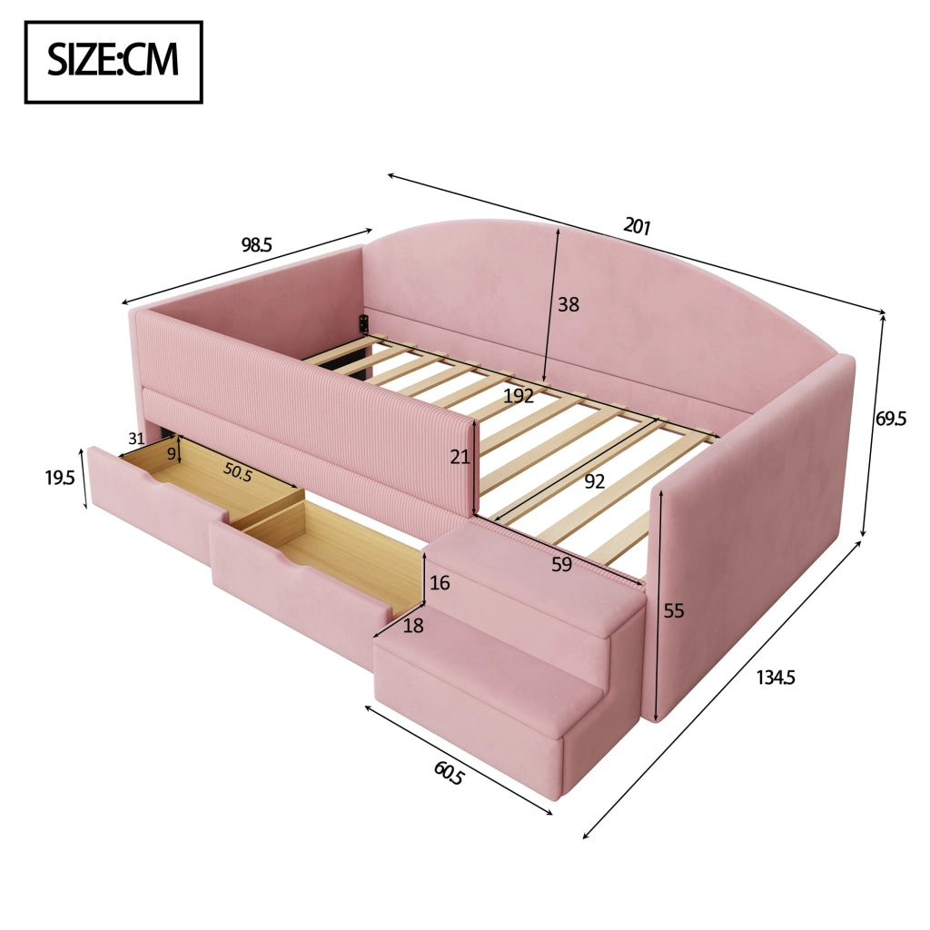 Divano letto imbottito in velluto grigio, letto singolo 90x190 con cassetti e sponde