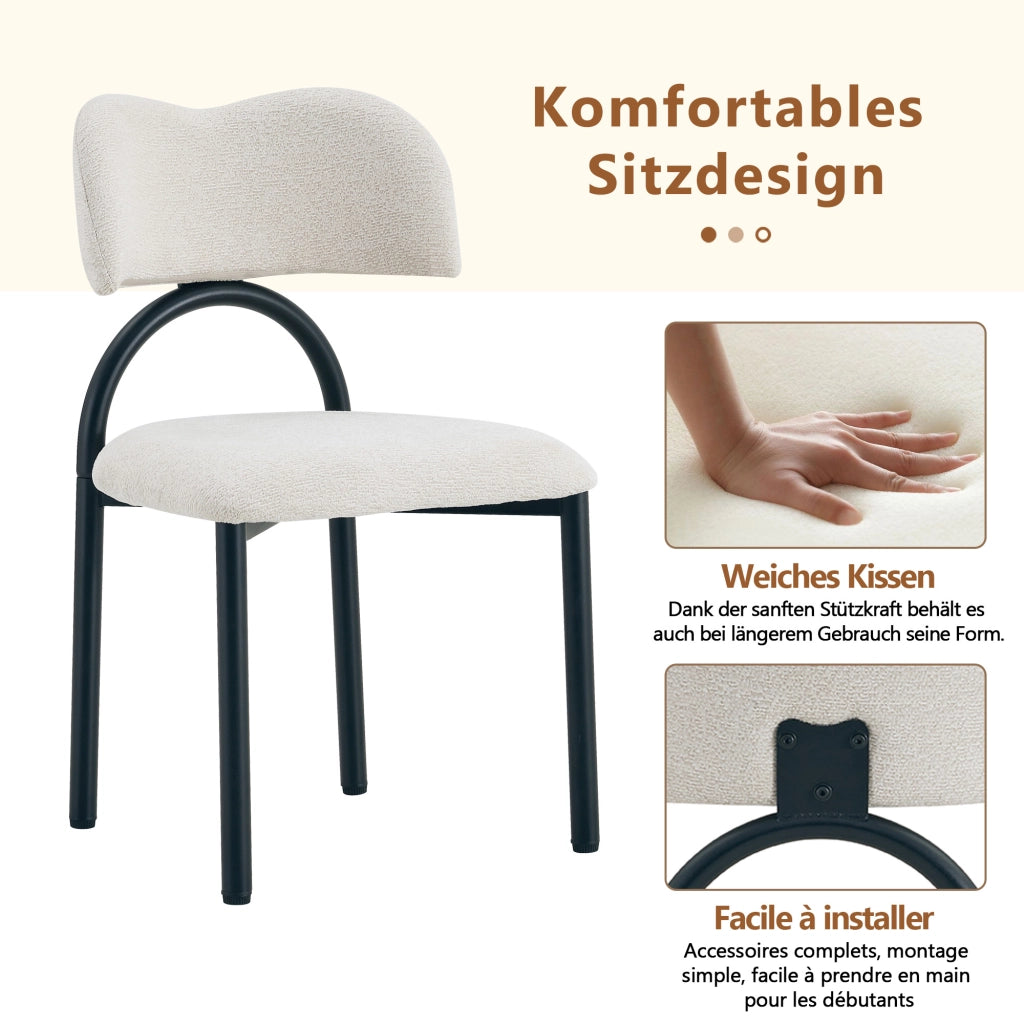 Set 2 sedie da pranzo imbottite con schienale curvo e gambe in metallo nero, in tessuto beige, per cucina e soggiorno