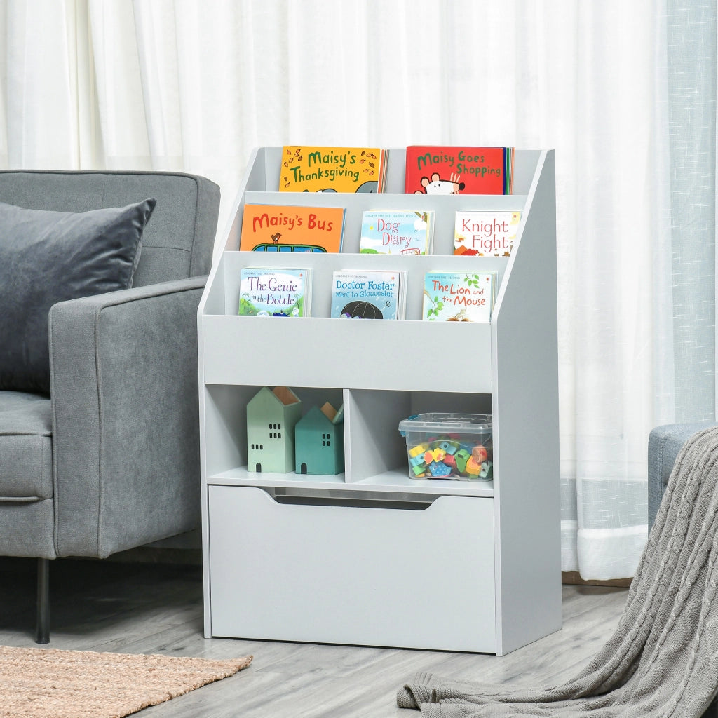 Libreria per Bambini con 3 Ripiani, 2 Cubi e Cassetto con Ruote ¨C Zephmum ¨C Grigio 60x30x90 cm