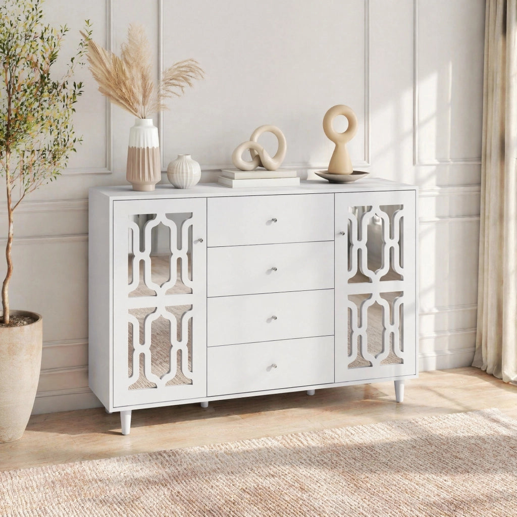 Madia bianca con ante a specchio; 4 cassetti; 147;5 x 40 x 102 cm; in MDF