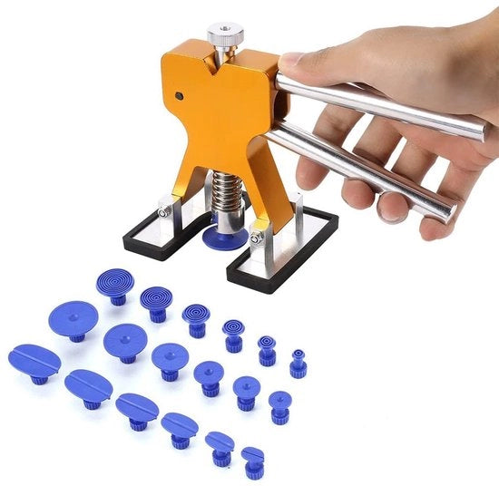 Kit di riparazione di denti senza verniciatura, strumentazione per la rimozione di deiezioni sulla carrozzeria, set di rimozione di deiezioni per auto e frigoriferi, strumentazione con 1 pezzo di deiezione con 2 maniglie e 18 pezzi di morsetti