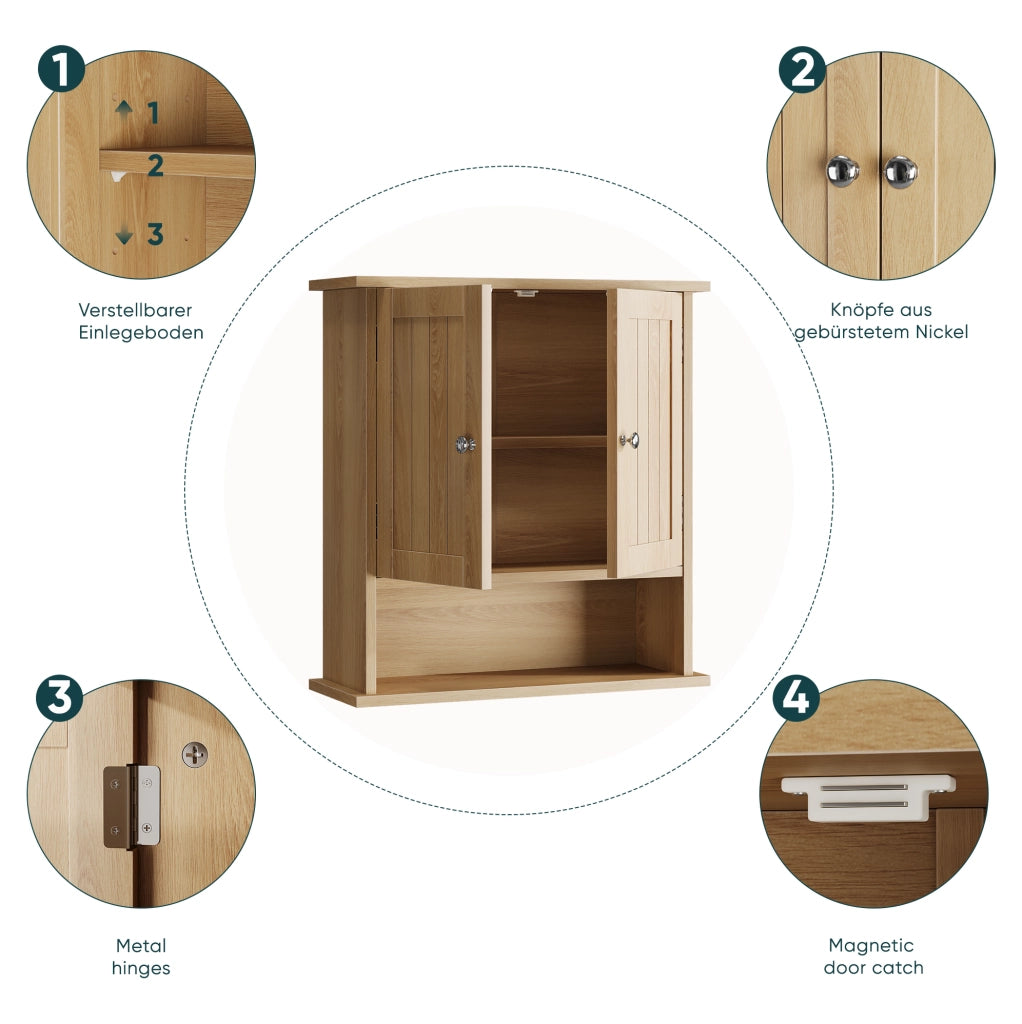 Mobile pensile da bagno in MDF effetto rovere con doppia anta e vano a giorno