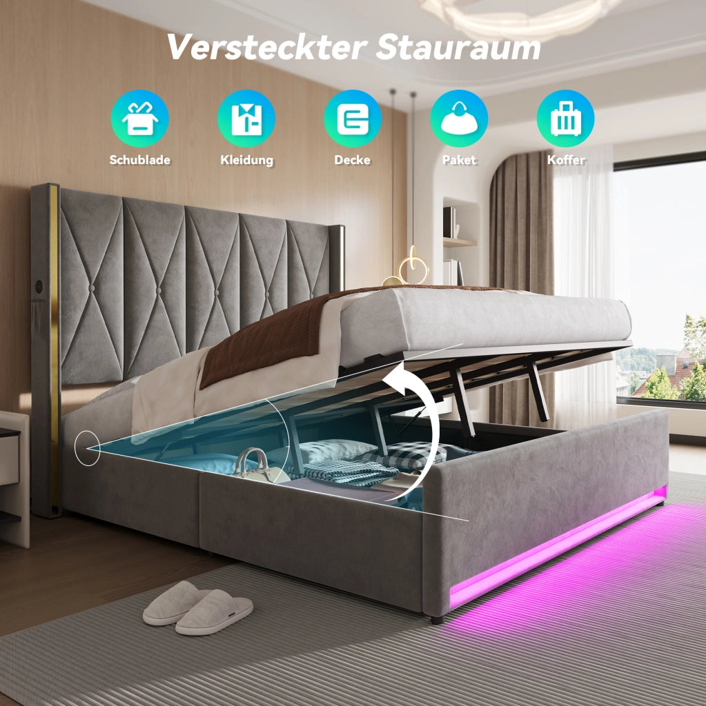Letto matrimoniale contenitore 180x200 cm in velluto grigio scuro con testiera alta, USB, Type-C e LED