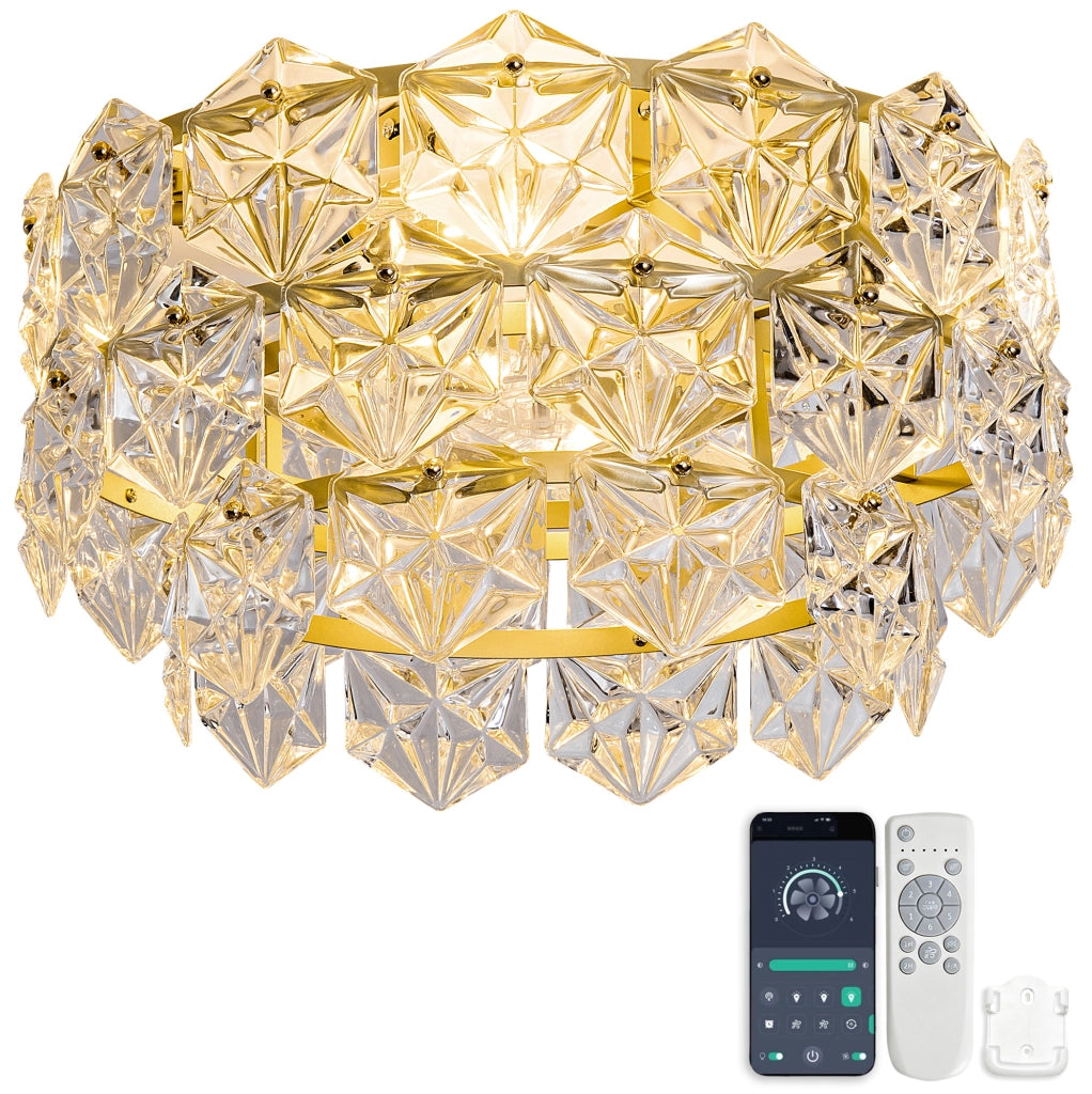 Ventilatore da soffitto 19" con lampadario a cristallo dorato, 6 velocità, motore DC silenzioso, controllo app e telecomando
