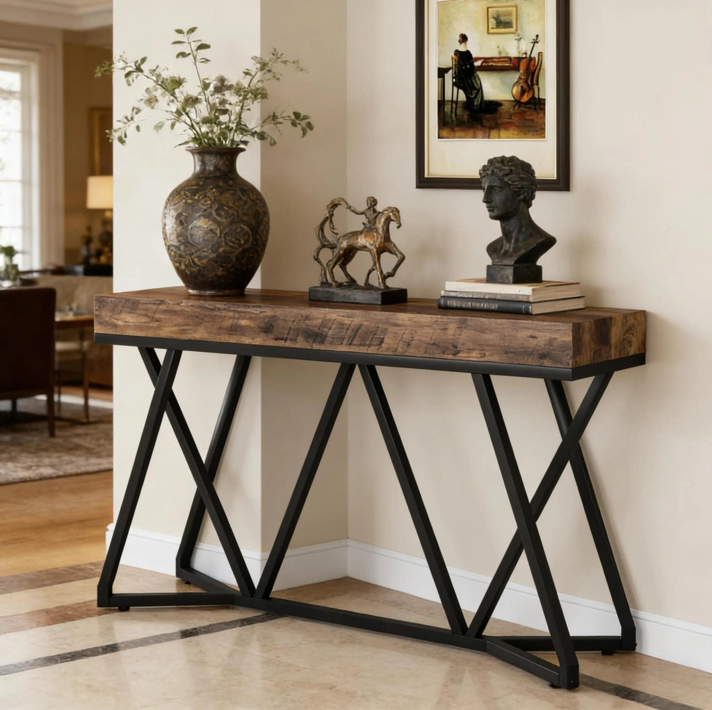 Tavolo consolle 140x30 cm in MDF e metallo nero e marrone rustico con piedini regolabili