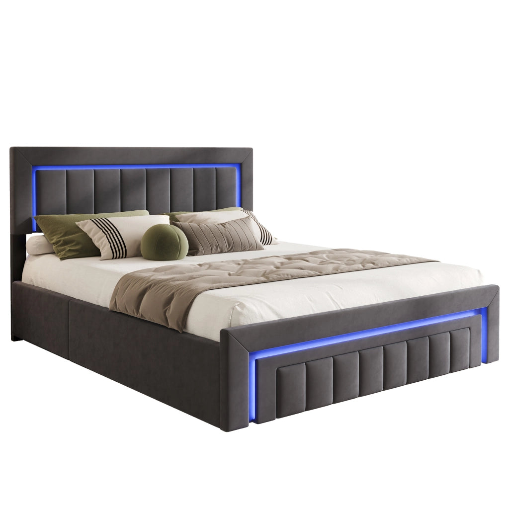 Letto imbottito grigio 140x200 cm con contenitore idraulico, LED e cassetto