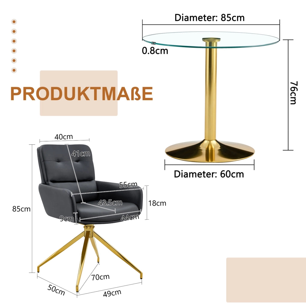 Set tavolo 85 cm vetro trasparente nero e oro; 2 sedie girevoli