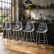 Set di sgabelli da bar trasparenti con struttura in metallo argento