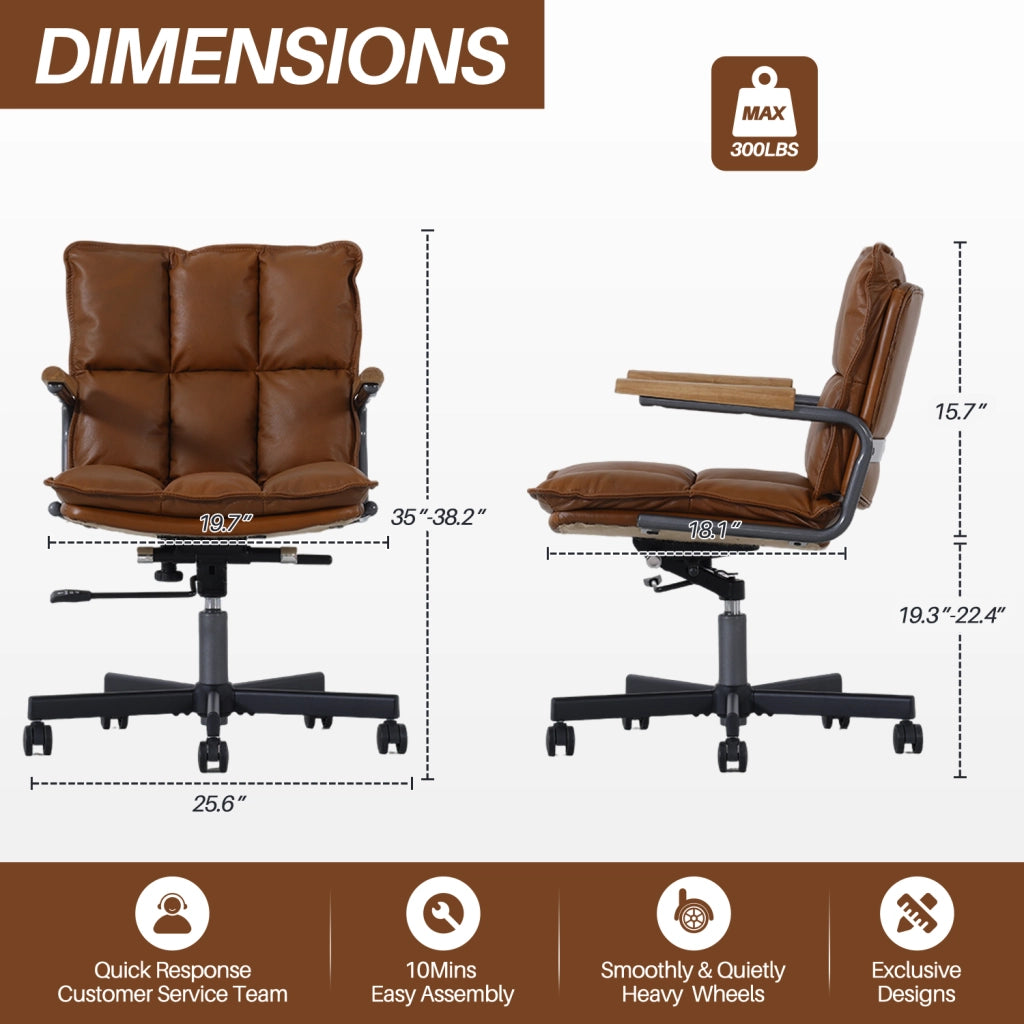 Sedia da ufficio ergonomica girevole con altezza regolabile e braccioli in rovere, in similpelle e metallo marrone