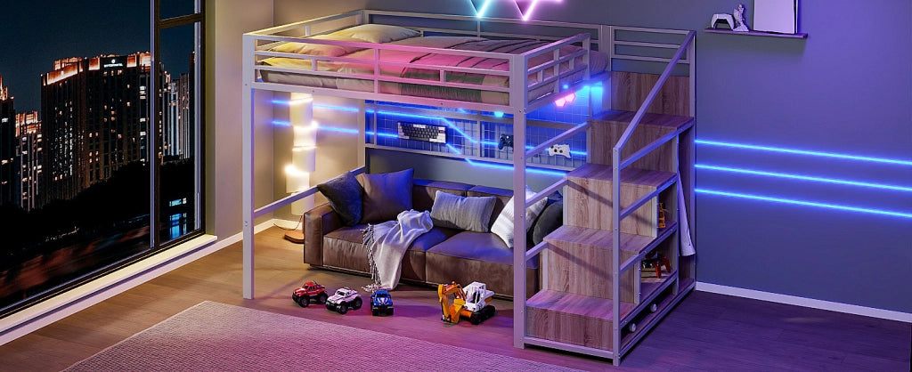 Letto a soppalco 140x200 cm con struttura in ferro, guardaroba, scala con vano contenitore e griglia appendi-oggetti, illuminazione LED a 7 colori, senza materasso, bianco