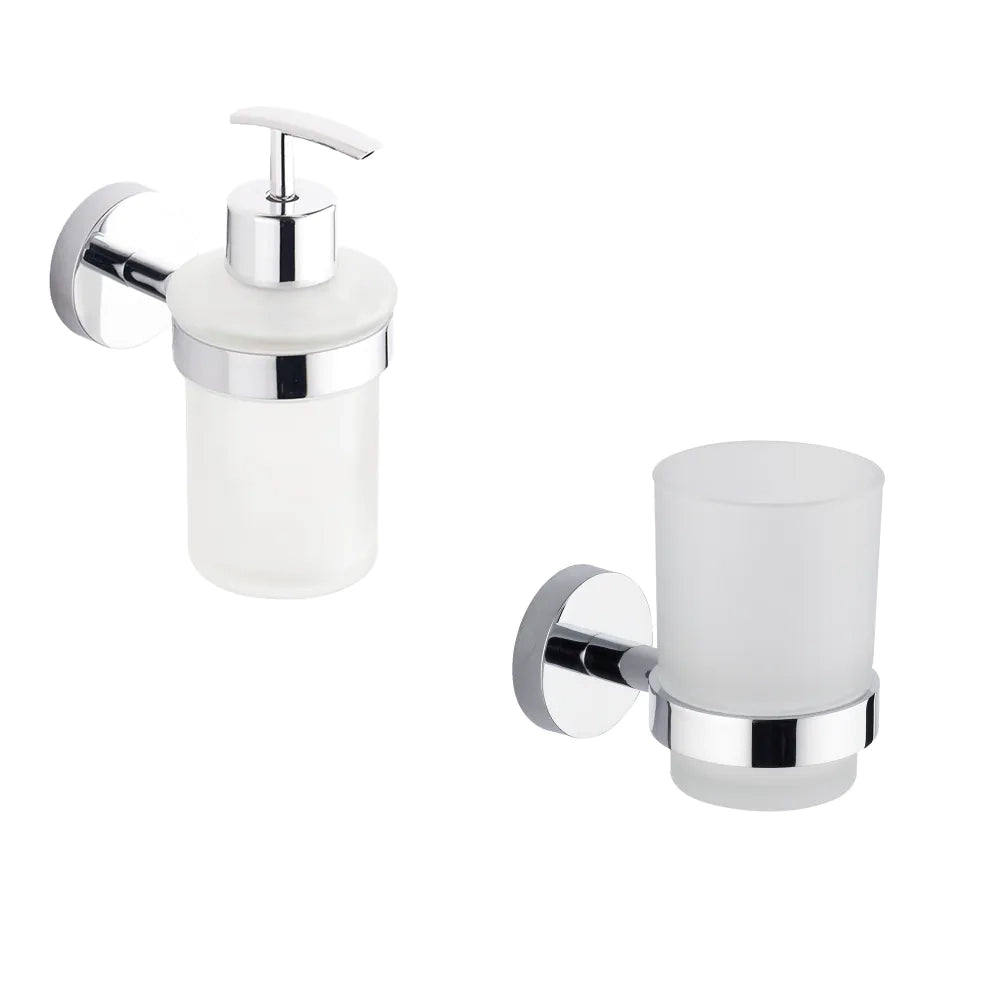 Set da bagno 2 accessori cromato: dispenser sapone, porta spazzolino | Wash