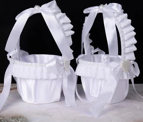Cesta per Ragazze Fiori con Maniglia per Cerimonia di Matrimonio - Bianco-02
