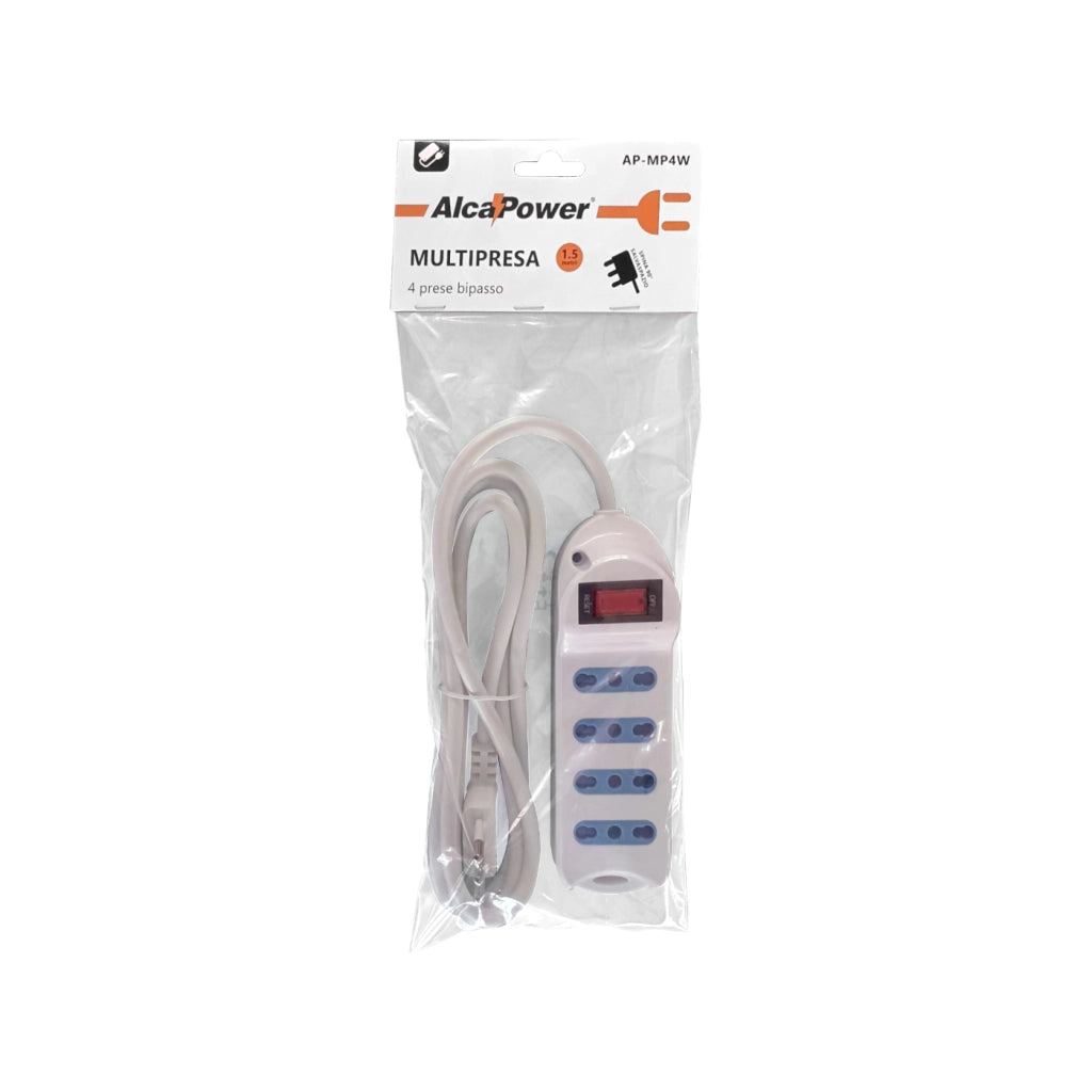 Alcapower Multipresa Elettrica 4 Posti Bipasso con Interruttore Luminoso, Cavo da 1,5 Metri, Spina 10A Angolata a 90 Gradi, Colore Bianco, 2500W