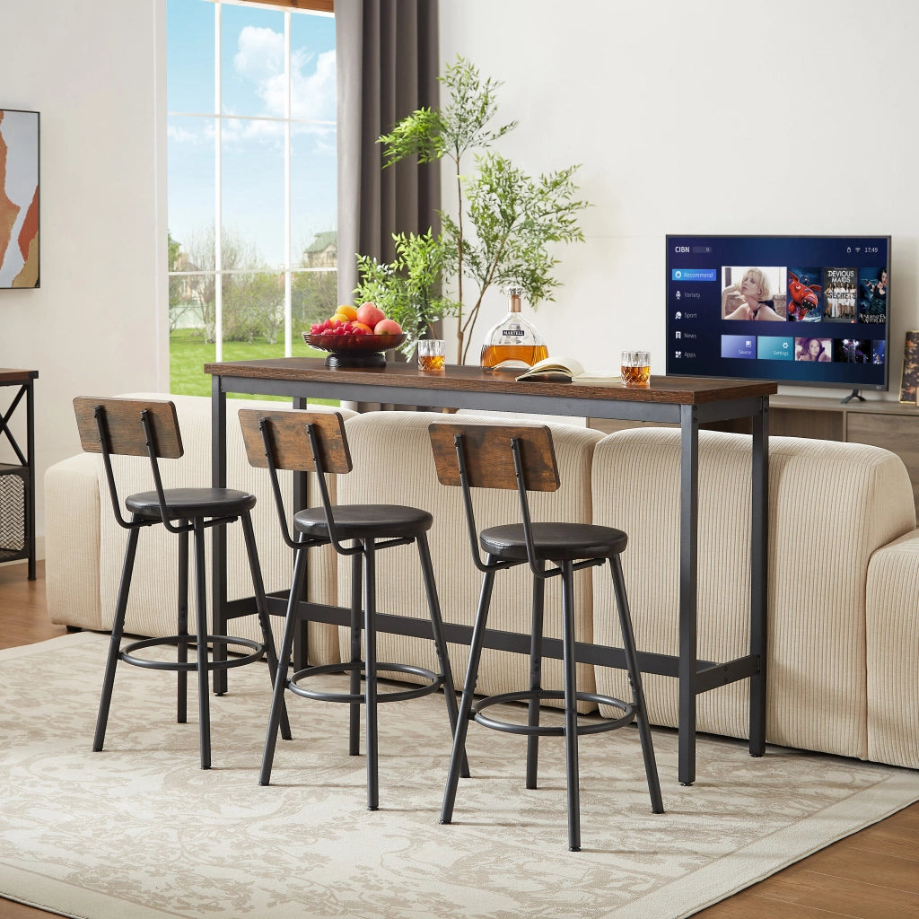 Set bar industriale con tavolo alto e 3 sgabelli imbottiti, colore rustico marrone e nero