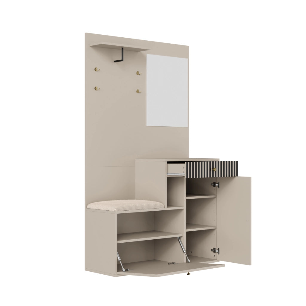 Set mobili da ingresso con specchio, panca imbottita, ripiani, appendiabiti e scarpiera in MDF Beige Crema