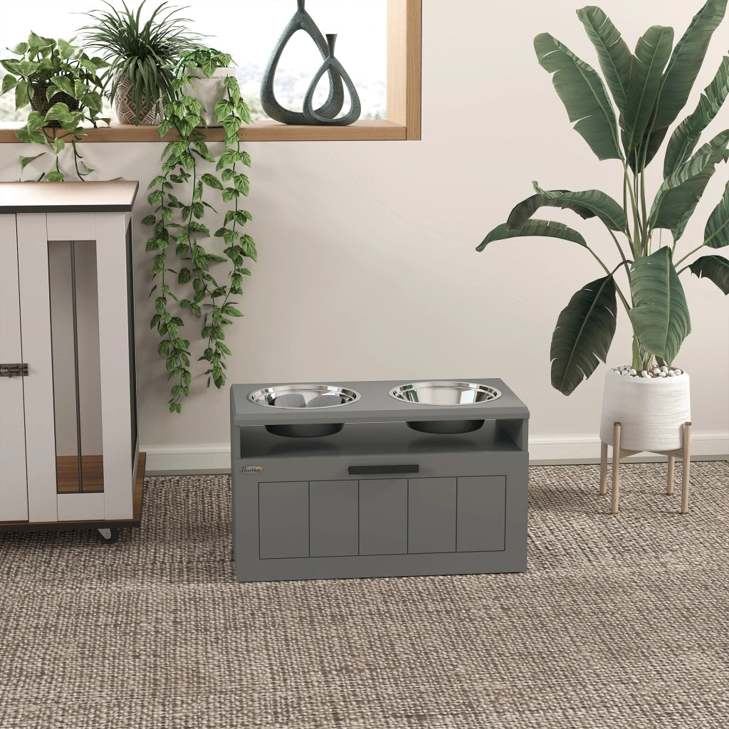 Ciotola per cani rialzata 60x30x35 cm con cassetto portaoggetti; in MDF; grigio
