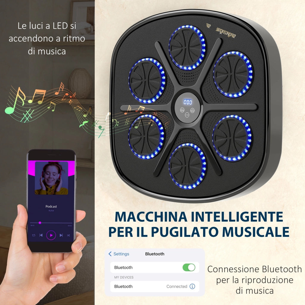 Boxing Machine Musicale da Parete con Bluetooth, 9 Velocità e Guanti Inclusi, Salvaspazio per Casa, 41.8x44.6x7.5 cm, Nero e Blu