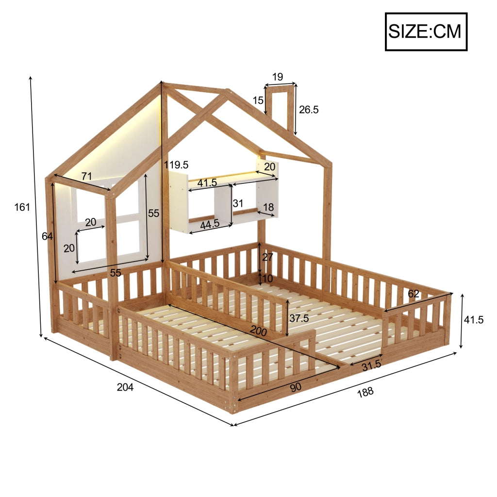 Letto per bambini doppio a casetta per due materassi 90 × 200 cm con LED, sponde, ripiani e rete in legno