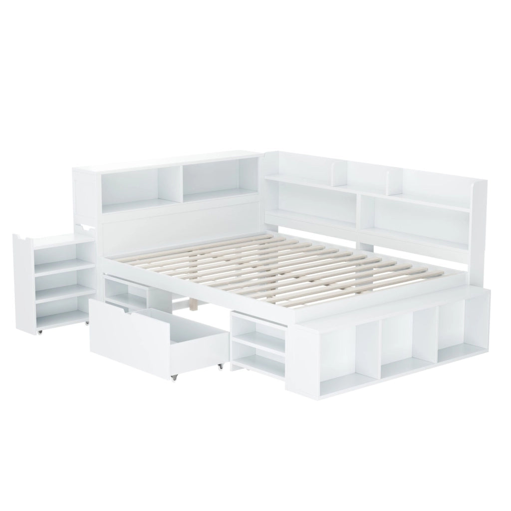 Letto per bambini 140x190 cm con cassetti e ripiani in compensato bianco