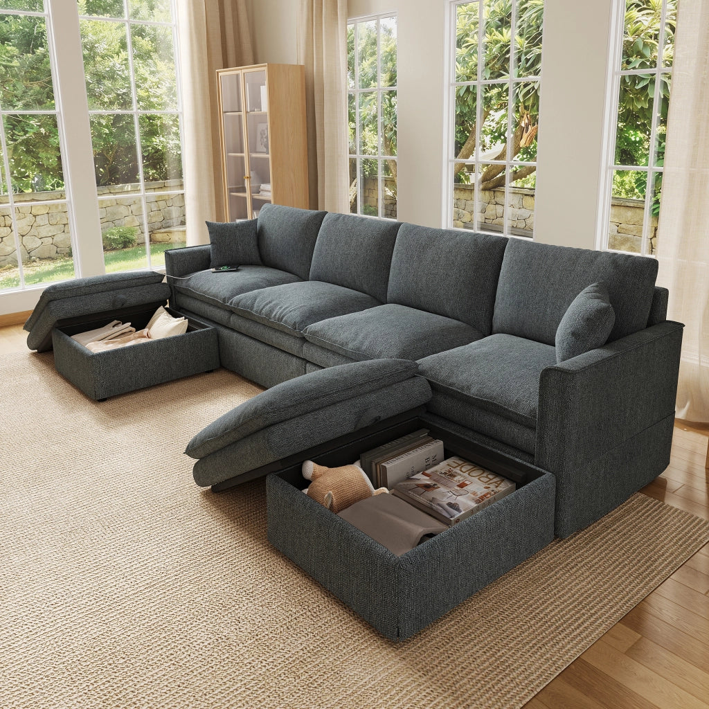 Divano modulare a U o L 6 posti con pouf contenitore, porte USB e Type-C, in cotone e lino grigio, 277×80×135 cm