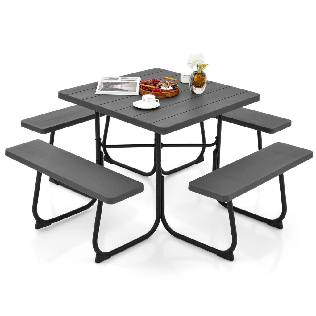 Set tavolo da picnic quadrato per 8 persone, Tavolo per esterni con foro per ombrellone capacit¨¤ di 225kg Grigio Scuro