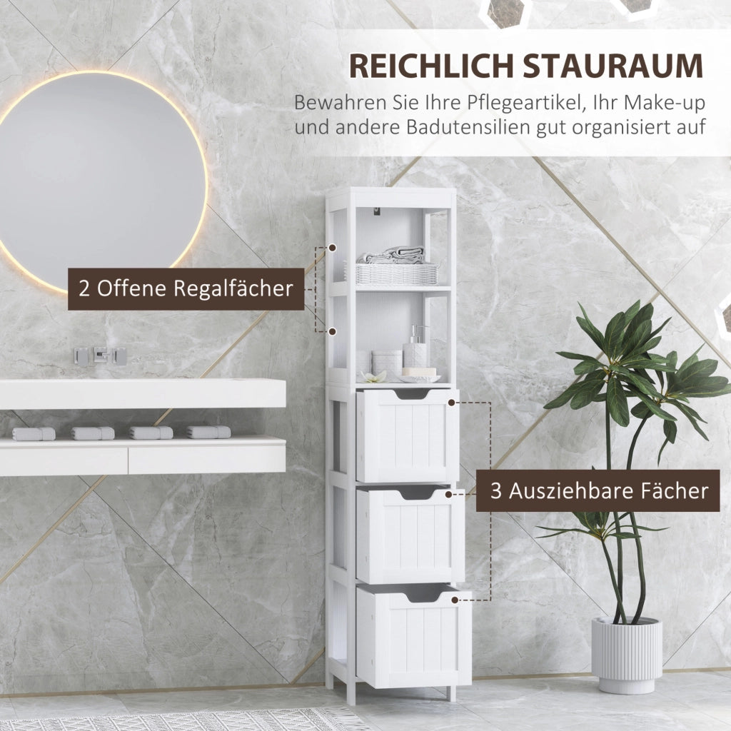 Mobiletto da bagno alto bianco con 3 cassetti e 2 ripiani aperti, 30x30x142,4 cm