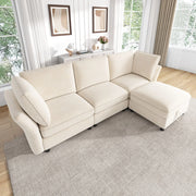 Divano modulare ad angolo a L con pouf contenitore, rivestimento in tessuto chenille beige, 4 posti, struttura in legno massello