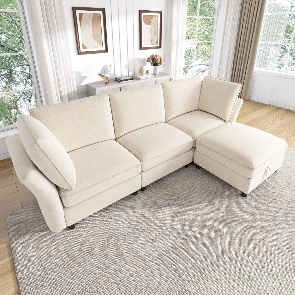 Divano modulare ad angolo a L con pouf contenitore, rivestimento in tessuto chenille beige, 4 posti, struttura in legno massello